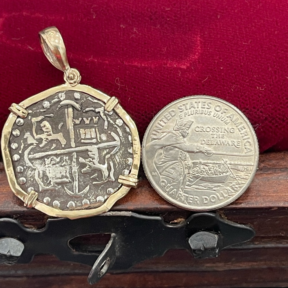 Atocha Shipwreck Treasure Mel fisher silver coin pendant in 14k solid gold bezel